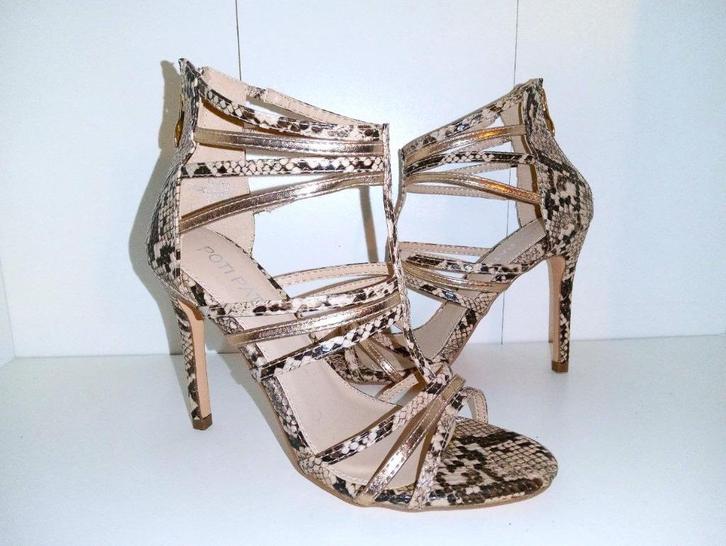 Sandalen/hoge hakken - gouden en beige pythonpatronen - 37, Kleding | Dames, Schoenen, Nieuw, Pumps, Beige, Verzenden
