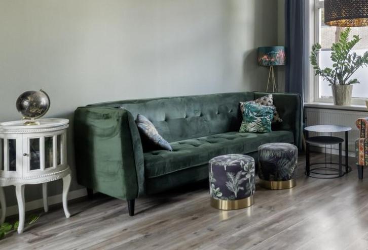 Driepersoons zetel en slaapbank in groen fluweel, Huis en Inrichting, Zetels | Complete zithoeken, Zo goed als nieuw, Ophalen