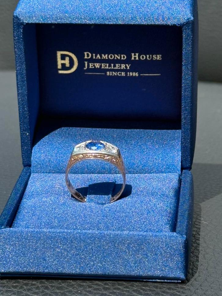 18 karaat gouden ring met natuurlijke diamant en tanzaniet!, Handtassen en Accessoires, Ringen, Dame of Heer, 18 tot 19, Goud