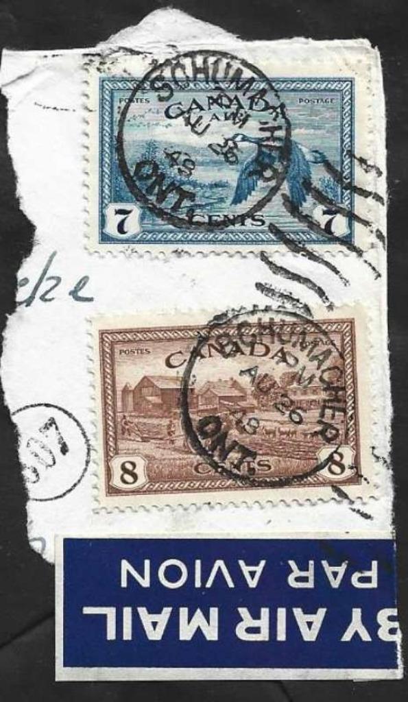 Brief met 2 postzegels, Luchtpost Canada 1946, Postzegels en Munten, Postzegels | Amerika, Gestempeld, Noord-Amerika, Ophalen of Verzenden