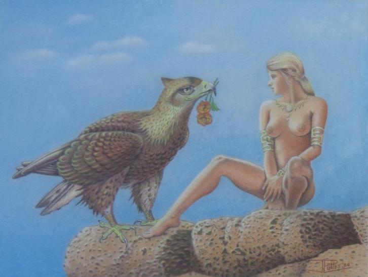 J. PULLES / NAAKTE VROUW ADELAAR / ORIGINEEL / 65x79cm KADER, Antiek en Kunst, Kunst | Schilderijen | Modern, Ophalen