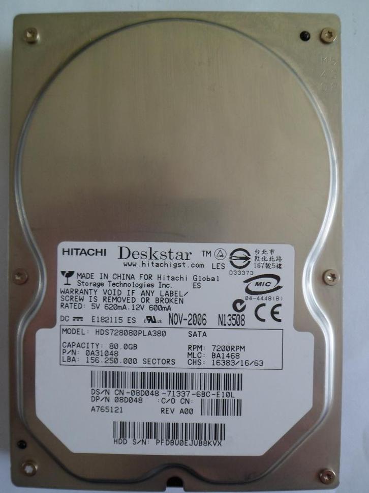 Harde Schijf Hitachi 80GB, 8MB Cache, 3.5Inch, 7200RPM, Computers en Software, Harde schijven, SATA, Ophalen of Verzenden