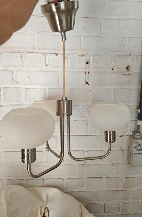 Hanglamp met 3 ovale bollen, Huis en Inrichting, Lampen | Hanglampen, Gebruikt, Glas, Metaal, Ophalen