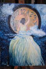 olieverf op doek 60/80 cm vrouw die teruggaat in de tijd, Antiek en Kunst, Ophalen of Verzenden