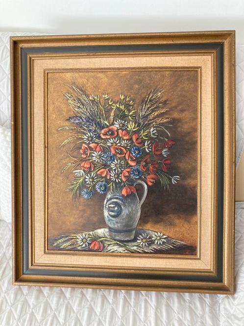 stilleven van bloemen en graan in een kruik., Antiek en Kunst, Kunst | Schilderijen | Klassiek, Ophalen of Verzenden