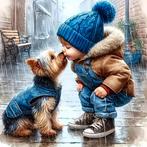 Diamond Painting jongetje kussend hondje 20x20cm (rond), Verzenden, Nieuw, Knutselwerk