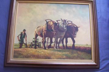 schilderij met trekpaarden op een veld  beschikbaar voor biedingen