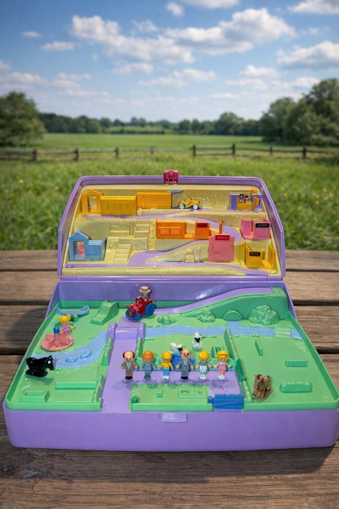 Grand étui à bijoux vintage Polly Pocket — Town, Farm & Rive, Collections, Jouets miniatures, Utilisé, Enlèvement ou Envoi