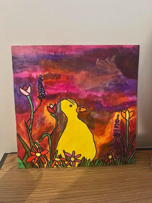 Schilderij : “Golden Duck in a Flower Dream”, Antiek en Kunst, Kunst | Schilderijen | Abstract, Ophalen of Verzenden