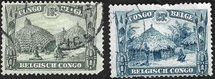 2 Postzegels Inheems dorp Belgisch Congo, Postzegels en Munten, Postzegels | Afrika, Gestempeld, Overige landen, Ophalen of Verzenden