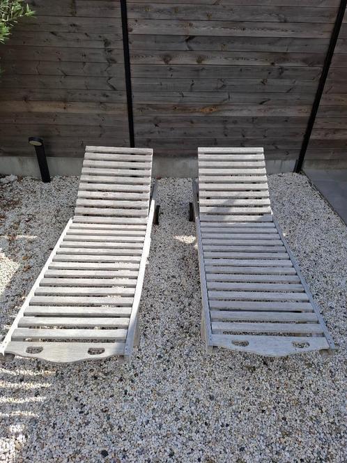 Teak ligbedden Bristol vergrijsd 2 stuks, Tuin en Terras, Tuintafels, Zo goed als nieuw, Hout, Ophalen