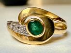 18 karaat gouden ring met natuurlijke diamanten en smaragd!, Or, 17 à 18, Jaune, Enlèvement ou Envoi