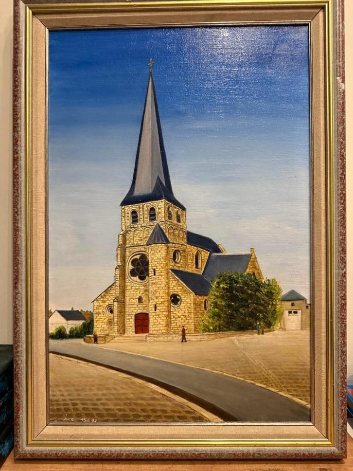 Schilderij - Kerk BAARDEGEM - Acrylverf op doek - met kader, Antiek en Kunst, Kunst | Schilderijen | Klassiek, Ophalen