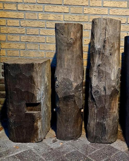 Oud Eiken houten Zuilen balken sokkels, Doe-het-zelf en Bouw, Hout en Planken, Zo goed als nieuw, Balk, Eiken, Minder dan 200 cm