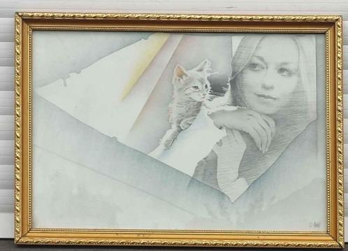 lithographie femme au chat signe pol mara, Antiquités & Art, Art | Lithographies & Sérigraphies, Enlèvement ou Envoi
