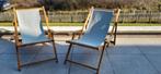 2 houten naturel strandstoelen met nieuwe blauwe stof, Tuin en Terras, Tuinstoelen, Ophalen, Zo goed als nieuw, Hout
