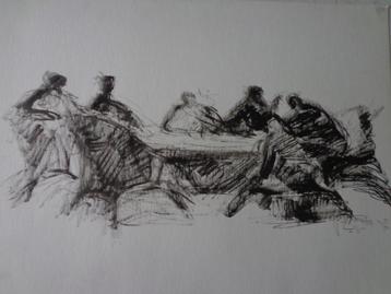 tekening Rudolf Meerbergen Zes personen aan een tafel