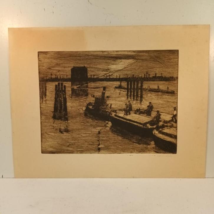 John Michaux (1876 - 1956) - Ets - Een trekboot op de Scheld, Antiek en Kunst, Kunst | Etsen en Gravures, Ophalen of Verzenden