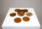 vintage houten onderzetters in houder, Ophalen of Verzenden