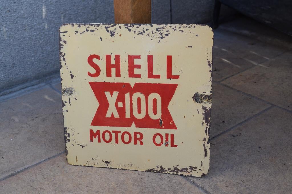 antiek shell reclamebord conische olieblik display standaard, Ophalen of Verzenden, Gebruikt, Reclamebord