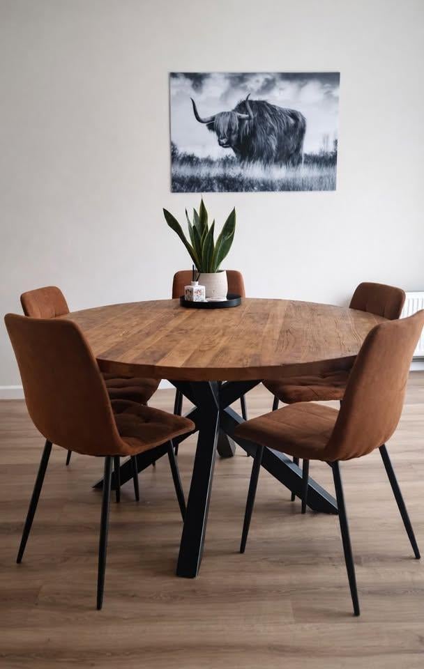 Ronde eettafel - mangohout, Huis en Inrichting, Ophalen, Gebruikt, Rond, Vijf personen of meer