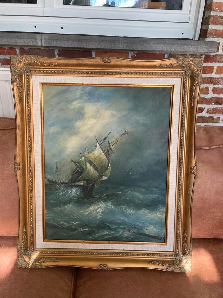Olieverf schilderij zeilschip / zeegezicht klassiek maritiem, Antiek en Kunst, Kunst | Schilderijen | Klassiek, Ophalen