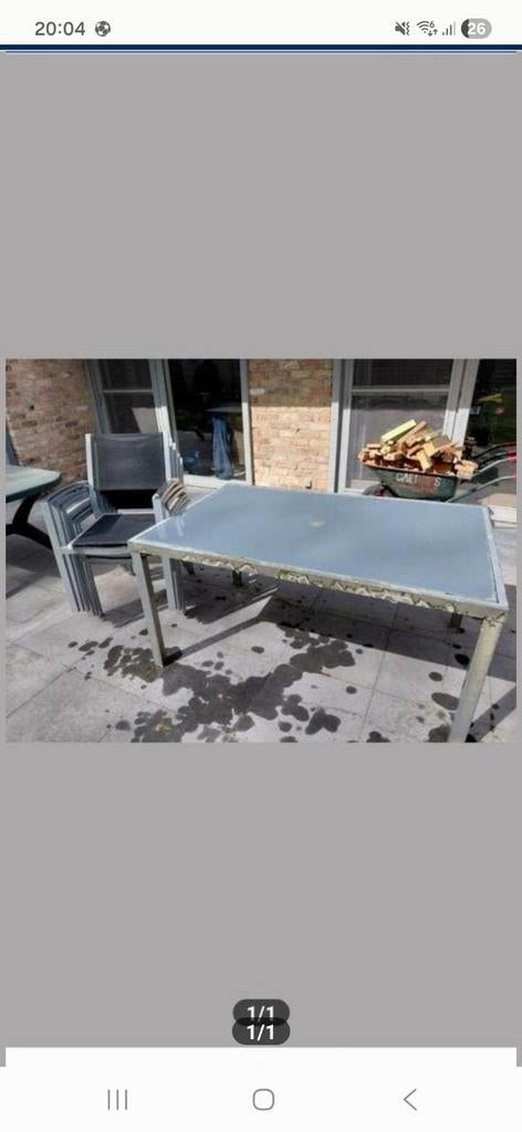 Tuintafel met 6 stoelen en glazen tafelblad, Ophalen, Gebruikt, Rechthoekig