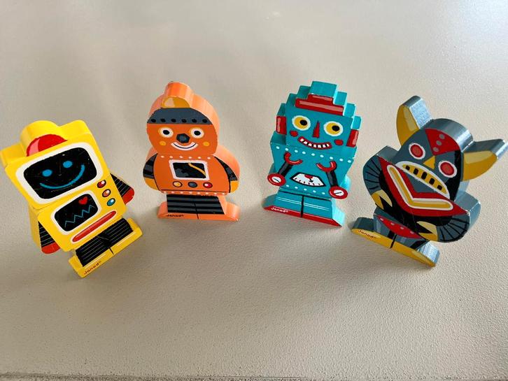 Janod houten magnetische robots – set van 4 (met doos), Kinderen en Baby's, Speelgoed | Houten speelgoed, Zo goed als nieuw, Overige typen