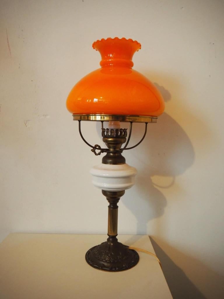Mid-century oranje opaline tafellamp, 1960s, Ophalen, Zo goed als nieuw, Vintage, Led-lamp
