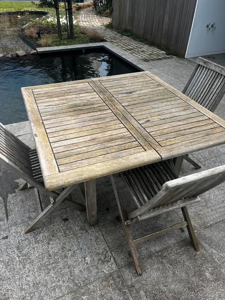 Teak buitentafel (uittrekbaar) en 3 stoelen, Jardin & Terrasse, Tables de jardin, Utilisé, Bois de teck, Enlèvement