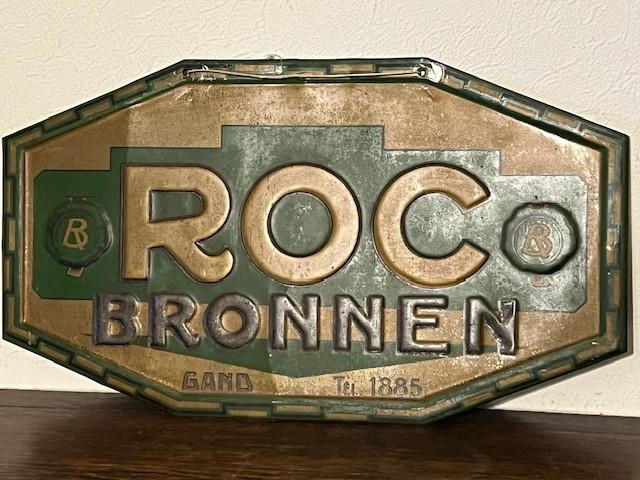 Très ancienne plaque publicitaire de Sources ROC à Gand, Enlèvement, Panneau publicitaire